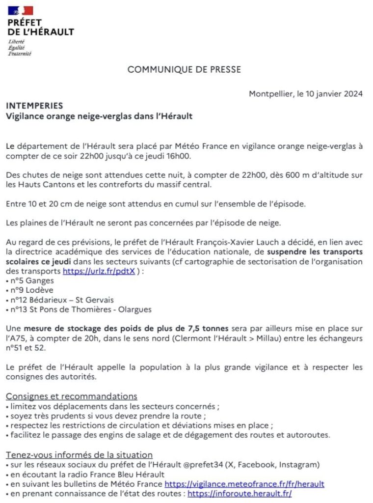 Communiqué de presse du Préfet de l'Hérault du 10/01/2024